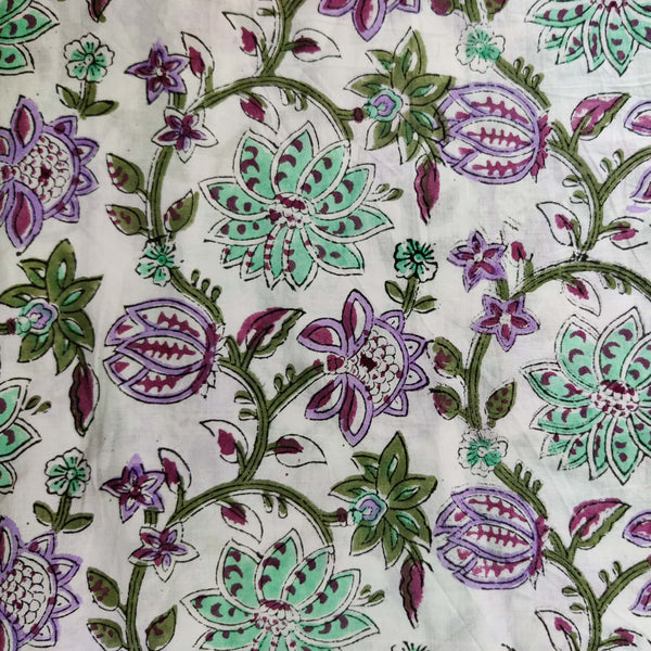 (Pre Cut 1.40 Meter) Pure Cotton Jaipuri White With Purple And Teal Floral Jaal Hand Block Print Fabric