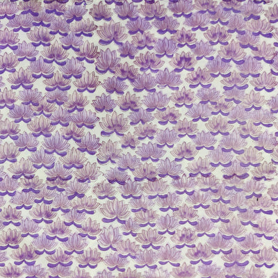 Pure Cotton Jaipuri White With Purple Lotus All Over Motifs Hand Block Print Fabric