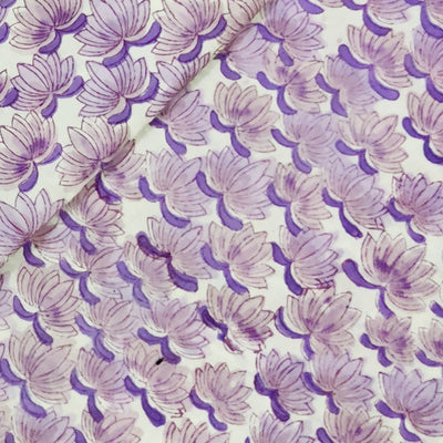 Pure Cotton Jaipuri White With Purple Lotus All Over Motifs Hand Block Print Fabric