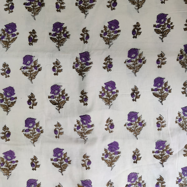 PRE-CUT 2.30 METER Pure Cotton Jaipuri White With Purple Plants Hand Block Print Fabric