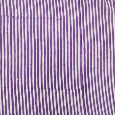 ( Pre-Cut  1.55 Meter ) Pure Cotton Jaipuri White With Purple Stripes Hand Block Print Fabric