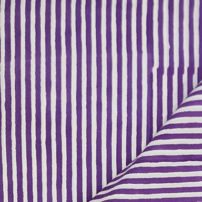 ( Pre-Cut  1.55 Meter ) Pure Cotton Jaipuri White With Purple Stripes Hand Block Print Fabric