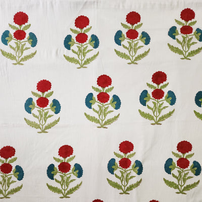 Pure Cotton Jaipuri White With Red Abd Blue Big Flower Motif Hand Block Print Fabric