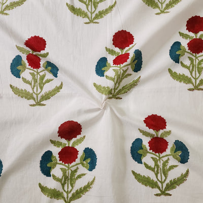 Pure Cotton Jaipuri White With Red Abd Blue Big Flower Motif Hand Block Print Fabric