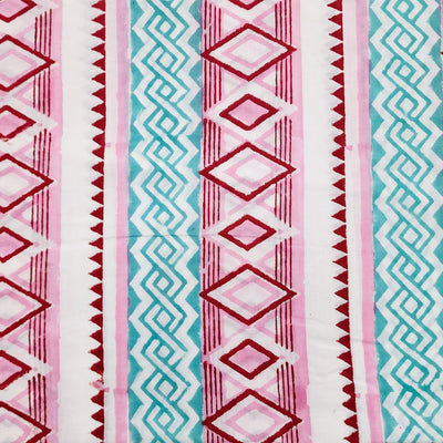 Pure Cotton Jaipuri White With Red And Blue And Pink Diamond Border Hand Block Print Fabric