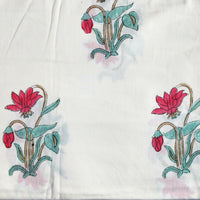 Pure Cotton Jaipuri White With Red And Green Big Flower Motif Hand Block Print Fabric