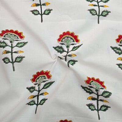 Pure Cotton Jaipuri White With Red And Green Lotus Motif Hand Block Print Fabric