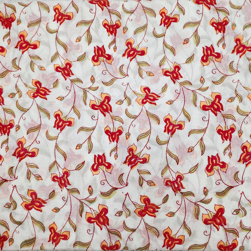 (Per-Cut 1 meter) Pure Cotton Jaipuri White With Red Beige Small Flower Jaal Hand Block Print Fabric