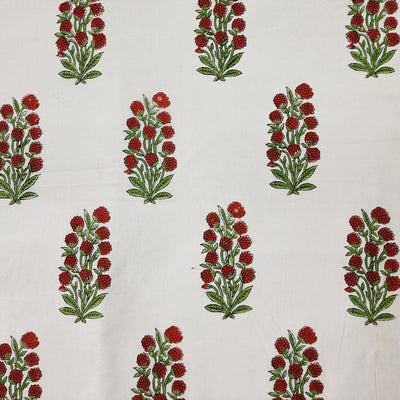 Pure Cotton Jaipuri White With Red Floral Bush Motif Hand Block Print Fabric