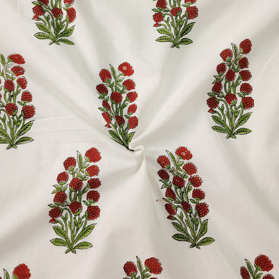 Pure Cotton Jaipuri White With Red Floral Bush Motif Hand Block Print Fabric