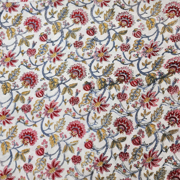 Pure Cotton Jaipuri White With Red Flower Jaal Hand Block Print Fabric