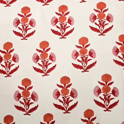 ( Pre-Cut 0.85 Meter ) Pure Cotton Jaipuri White With  Red Marigold Big Motif Hand Block Print Fabric