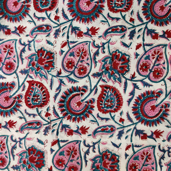Pre-cut 1.70 meter Pure Cotton Jaipuri White With Red Teal And Pink Leaf Wild Jaal Hand Block Pint Fabric