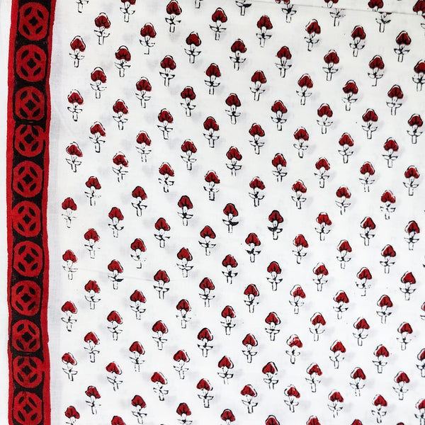 Pure Cotton Jaipuri White With  Red Tiny Flower Buds Hand Block Print Fabric