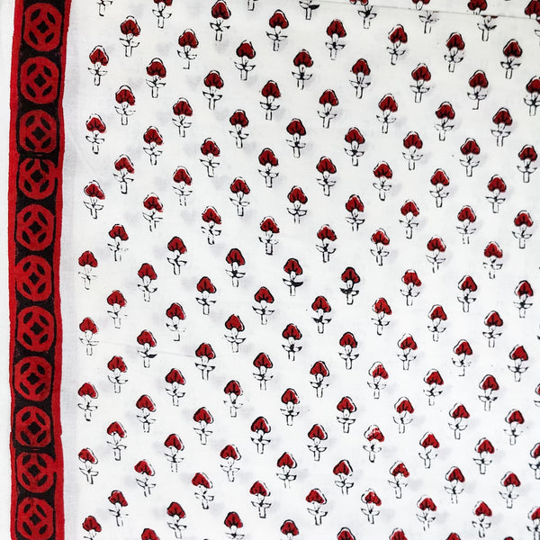 PER-CUT 1.35 METERE Pure Cotton Jaipuri White With  Red Tiny Flower Buds Hand Block Print Fabric