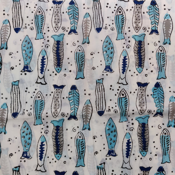 (Pre-Cut 0.95 Meter) Pure Cotton Jaipuri White With Shades Of Blue Fish Hand Block Print Fabric