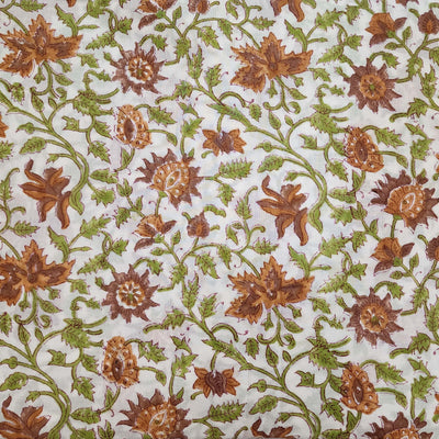 ( Pre-Cut 1.50 Meter ) Pure Cotton Jaipuri White With Shades Of Brown Small Flower Jaal Hand Block Print Fabric