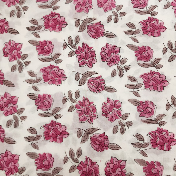BLOUSE PIECE 0.85 METER Pure Cotton Jaipuri White With Shades Of Pink And Grey All Over Roses Hand Block Print Fabric