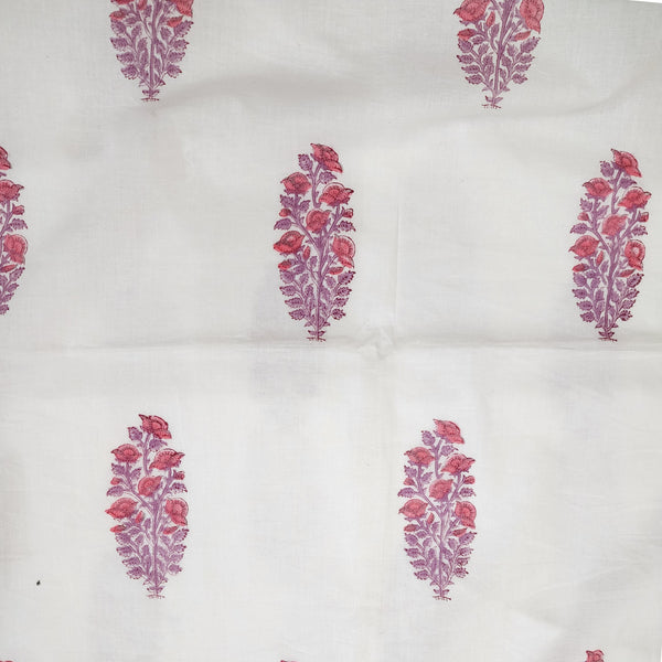 PRE-CUT 0.95 METER Pure Cotton Jaipuri White With Shades Of Pink Plant Mughal Spaced Out Motifs Hand Block Print Fabric