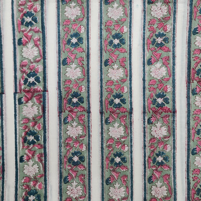 Pure Cotton Jaipuri White With Teal Blue With Pink Flower Creeper Border Hand Block Print Fabric