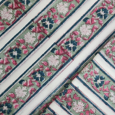 Pure Cotton Jaipuri White With Teal Blue With Pink Flower Creeper Border Hand Block Print Fabric