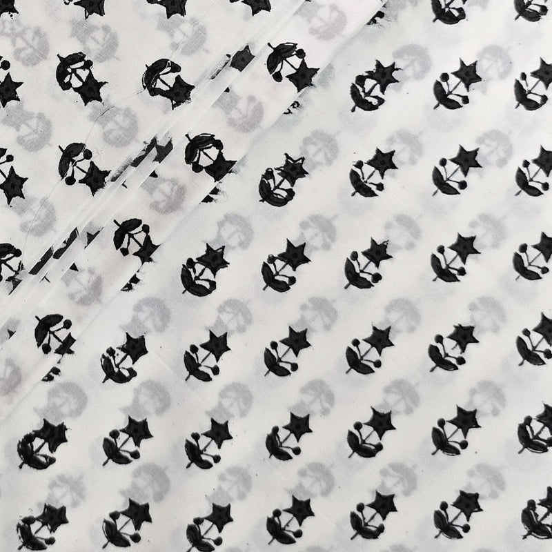 Pure Cotton Jaipuri White With Tiny Grey Flower Motif Hand Block Print Fabric