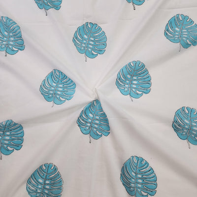 Pure Cotton Jaipuri White With Tropical Leaf Hand Block Print Fabric