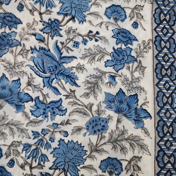 ( Pre-Cut 1.65 Meter ) Pure Cotton Jaipuri White With Wild Blue Jungle Flower Jaal Hand Block Print Fabric
