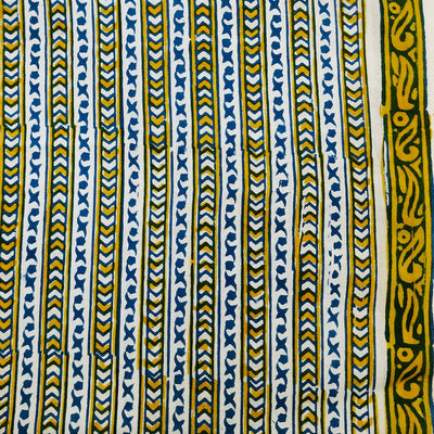 Pure Cotton Jaipuri White With Yellow And Blue Intericate Design Border Hand Block Print Fabric