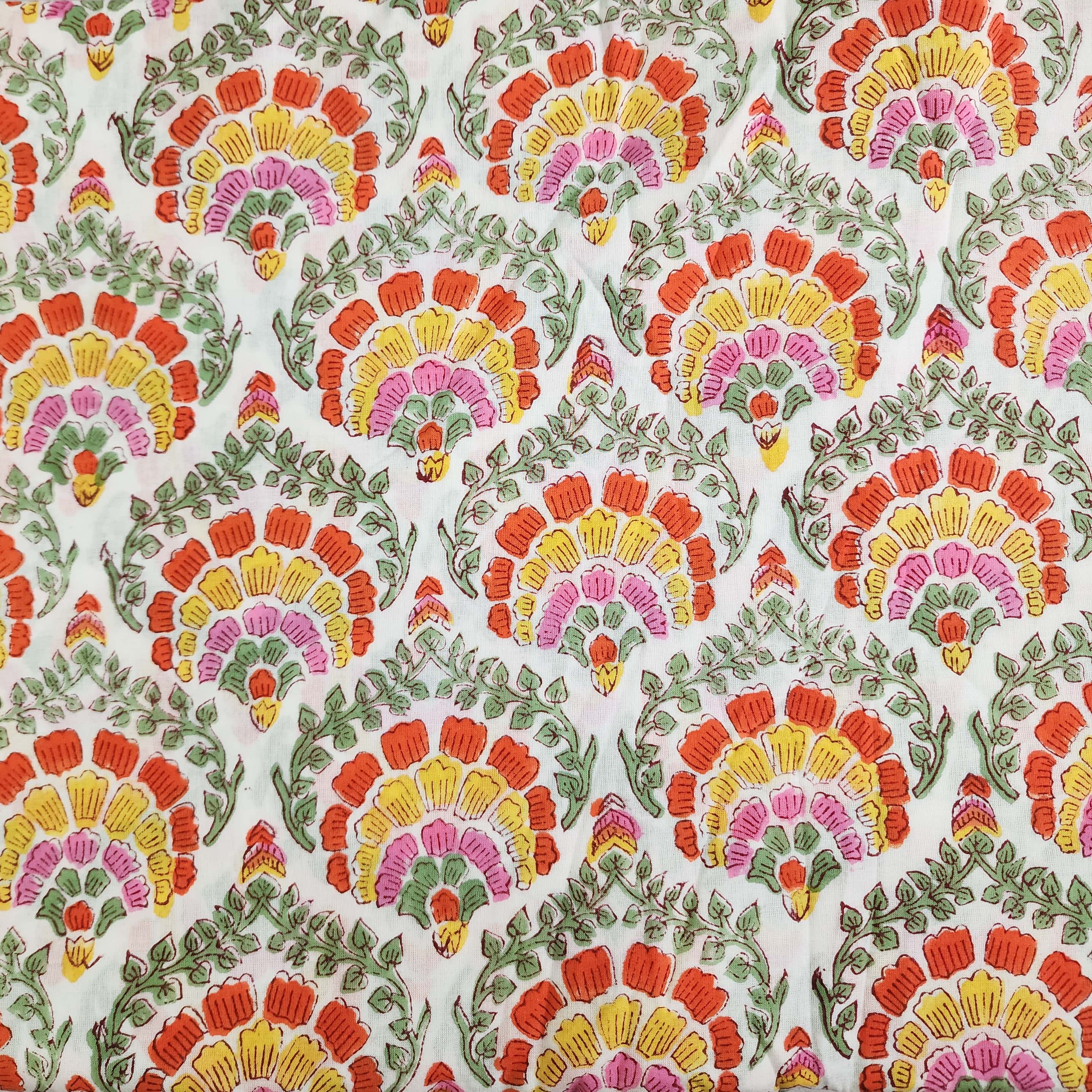 Pure Cotton Jaipuri White With Yellow And Orange Intricate Flower Jaal ...