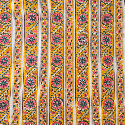 Pure Cotton Jaipuri White With Yellow And Pink Flower Creeper In Border Hand Block Print Fabric