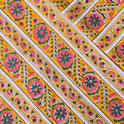 Pure Cotton Jaipuri White With Yellow And Pink Flower Creeper In Border Hand Block Print Fabric