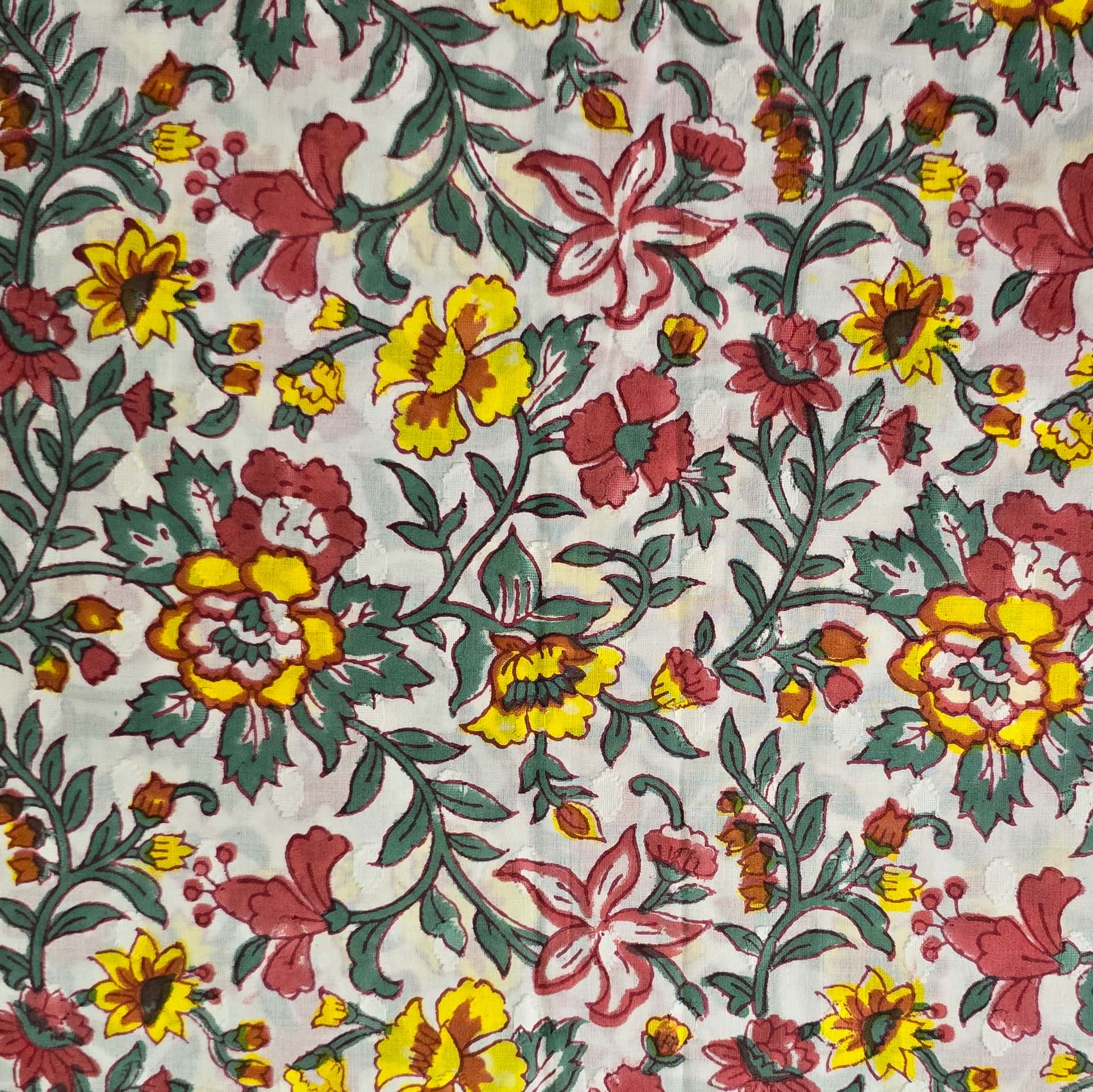 Pure Cotton Jaipuri White With Yellow And Red Jungle Flower Jaal Hand ...
