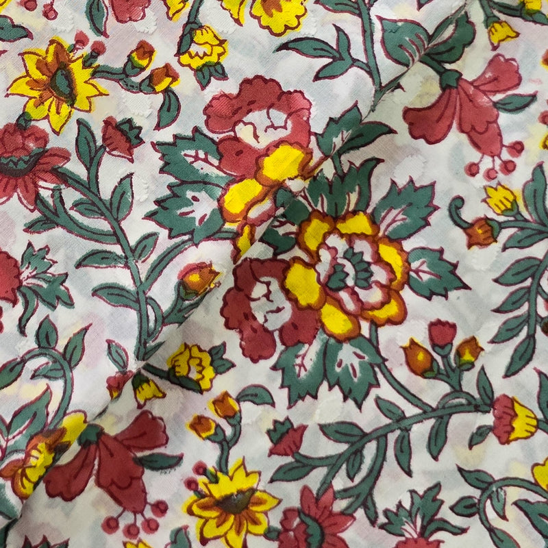 Pure Cotton Jaipuri White With Yellow And Red Jungle Flower Jaal Hand Block Pirnt Fabric