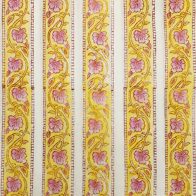 (Pre-Cut 1.10 Meter )Pure Cotton Jaipuri White With Yellow Border Creeper Hand Block Print Fabric