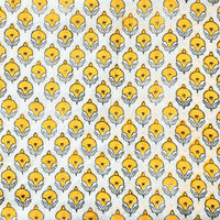 Pure Cotton Jaipuri White With Yellow Flower Buds Hand Block Print Fabric