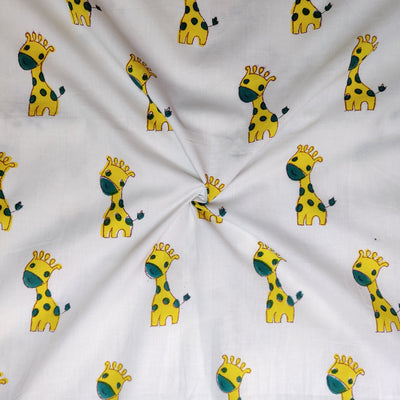 ( Pre-Cut 2.10 Meter ) Pure Cotton Jaipuri White With Yellow Giraffe Hand Block Print Fabric