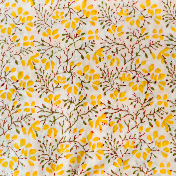 (Pre-cut 1 meter)Pure Cotton Jaipuri White With Yellow Petal Jaal Hand Block Print Fabric