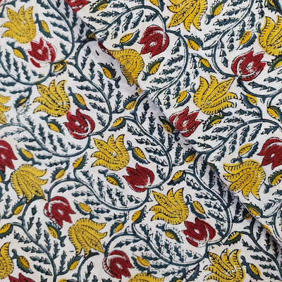 Pure Cotton Jaipuri White With Yellow Red Tulip Lotus Jaal Hand Blck Print Fabric