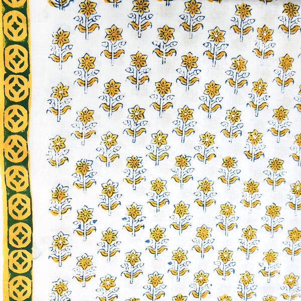 Pure Cotton Jaipuri White With Yellow Tiny Flower Buds Motifs Hand Block Print Fabric
