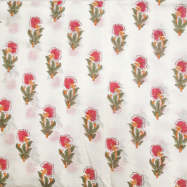 Pre-cut 1.75 meter Pure Cotton Jaipuri White with Peach Green Plant Hand Block Print Fabric