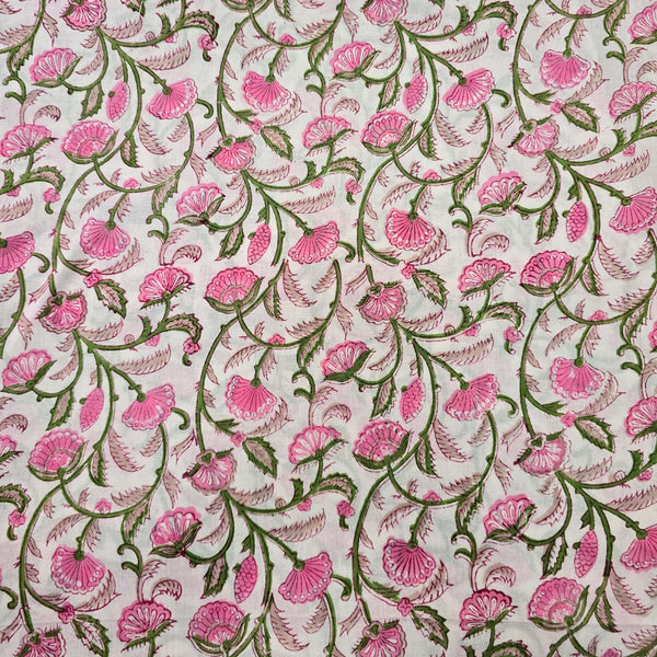 Pure Cotton Jaipuri White with Pink Flower Jaal Hand Block Print Fabric