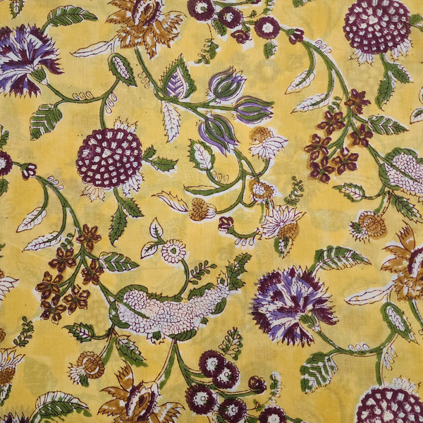 ( Pre-Cut 1.50 Meter ) Pure Cotton Jaipuri With Light Yellow With Purple Wild Fruit Jaal Hand Block Print Fabric