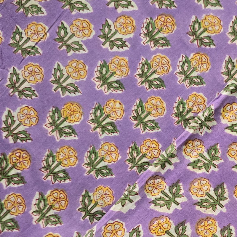 Pure Cotton Jaipuri  Purple With Mustard Flower Motif Hand Block Print Fabric