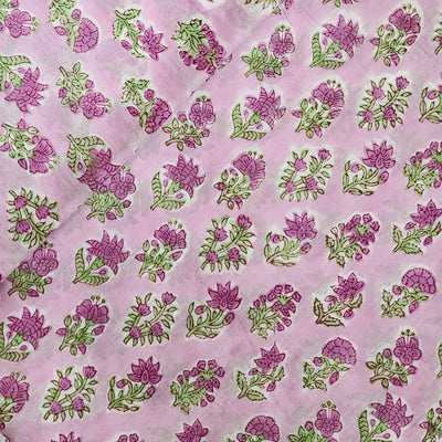 ( Pre-Cut 1. 50 Meter ) Pure Cotton Jaipuri With Pink Green Multi Flowers Hand Block Print Fabric