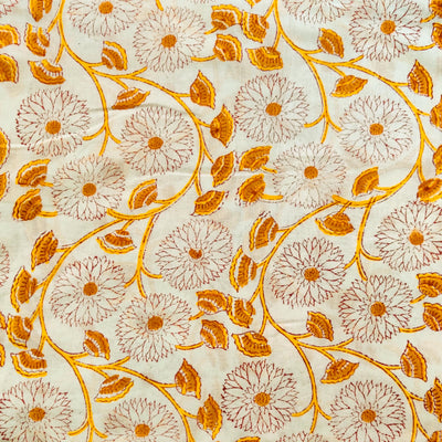 Pre-cut 1.5 meter Pure Cotton Jaipuri With Yellow Floral Jaal Hand Block Print Fabric