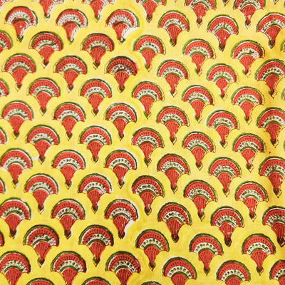 Pure Cotton Jaipuri Yellow And  Orange Mushroom Motif Hand Block Print Fabric