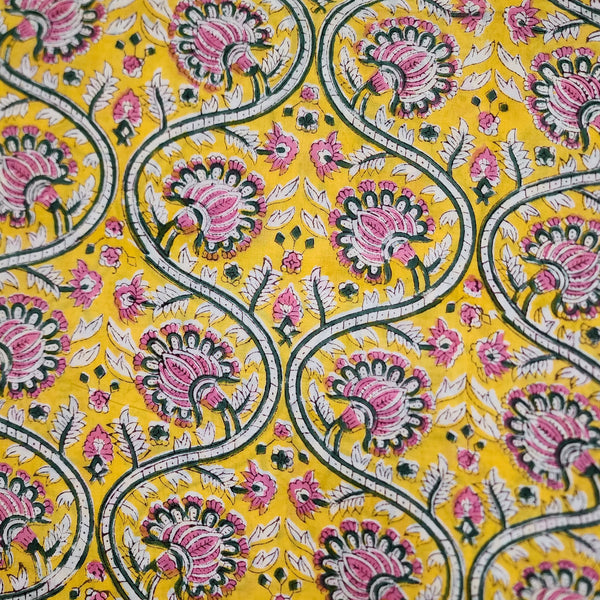 ( Pre-Cut 1.90 Meter  )Pure Cotton Jaipuri Yellow And  Pink Flower With Green Creeper Hand Block Print Fabric