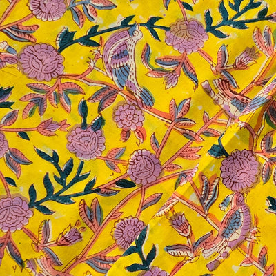 Pure Cotton Jaipuri Yellow And Purple Rose Flower And Birds Jaal Hand Block Print Fabric