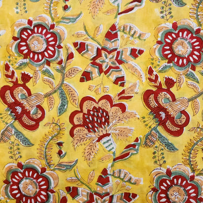 ( Pre-Cut 1.55 Meter  )Pure Cotton Jaipuri Yellow And Red Wild Big Flower Jaal Hand Block Print Fabric